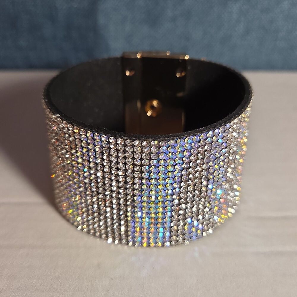 Rhinestone Wide Cuff Bracelet AB Crystal Gold Tone Y2K Glam Style NWOT - Picture 1 of 16